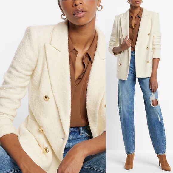 Express Wool-Blend Double Breasted Novelty Button Blazer in Ivory & Gold - Picture 4 of 17
